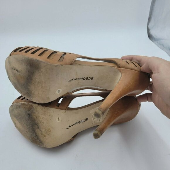 BCBGeneration Evie Tan Leather Peep Toe Stiletto Heel Pumps Size 10B - Picture 8 of 12